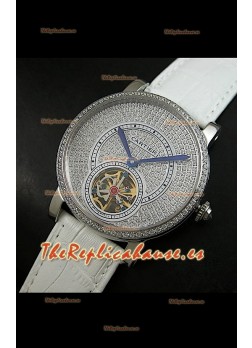 Reloj Turbillón Cartier Calibre con esfera de diamante y malla blanca