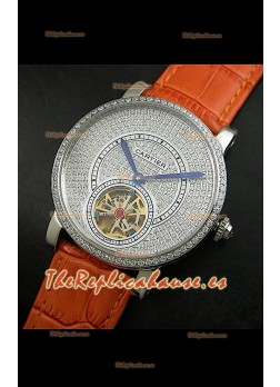 Reloj Turbillón Cartier Calibre con esfera de diamante y malla marrón clara