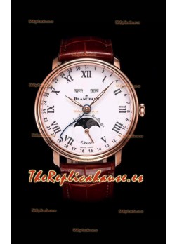 Blancpain "Villeret Quantième Complet" Reloj de Acero 904L en Oro Rosado Dial Blanco