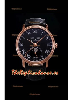 Blancpain "Villeret Quantième Complet" Reloj de Acero 904L en Oro Rosado Dial Negro