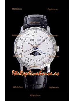 Blancpain "Villeret Quantième Complet" Reloj de Acero Suizo 904L con Dial en Blanco apagado
