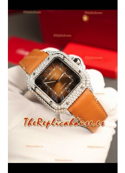 Santos De Cartier Watch in Dial Marrón 39.50MM  Bisel Pavimentado en Moissanitas Reloj Réplica Suizo