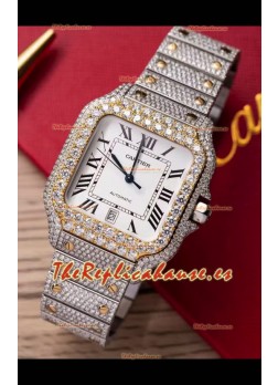 Santos De Cartier Watch en Dial Blanco MOSSANITES Paved Edition Reloj Réplica Suizo
