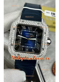 Santos De Cartier Watch en Dial Azul 39.50MM  Bisel Pavimentado en MoissanitasReloj Réplica Suizo