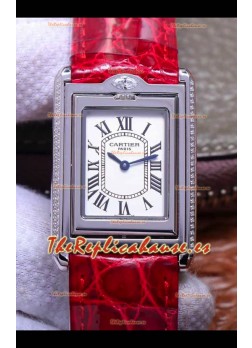 Cartier Tank Reversible Reloj Réplica Cuarzo Suizo en Caja Acero - Correa Roja