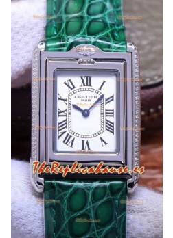 Cartier Tank Reversible Reloj Réplica Cuarzo Suizo en Caja Acero - Correa Verde