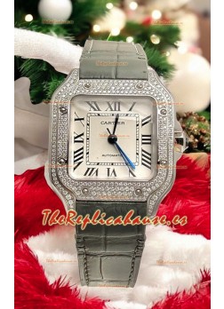 Reloj Santos De Cartier en Dial Blanco 39.50MM MOISSANITAS pavimentadas en Bisel Reloj Réplica Suizo