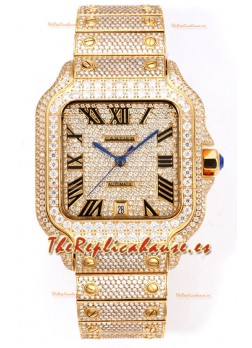 Cartier "Santos De Cartier" Oro Amarillo W/ Diamonds Roman Dial Réplica Espejo 1:1 - 40MM - Diamantes Genuinos