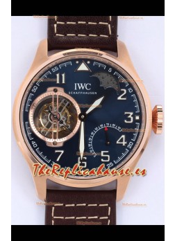 IWC Portuguese Genuine Swiss Movimiento Tourbillon Reloj Oro Rosado en Dial Azul 