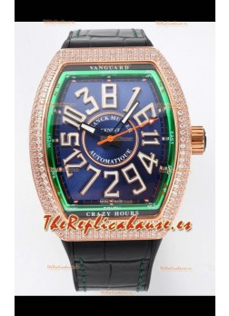 Franck Muller Vanguard Crazy Hours Caja Oro Rosado Diamantes - Dial Azul Acero Reloj Réplica Suizo