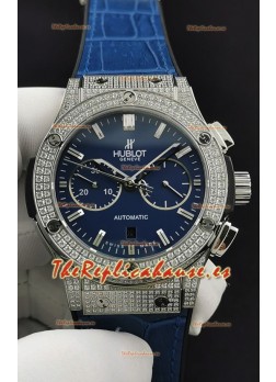 Hublot Classic Fusion Chronograph Caja Acero Diamantes Dial Azul Reloj Réplica a Espejo 1:1