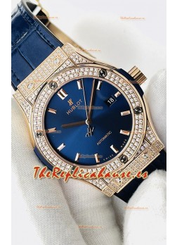 Hublot Classic Fusion Diamantes Oro Rosado Dial Acero Azul Reloj Réplica Suizo Calidad Espejo 1:1