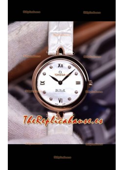 Omega De Ville Edición Prestige Dewdrop Reloj Cuarzo Suizo en Oro Rosado Correa Blanca