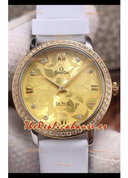 Omega De Ville Floral Dial Movimiento de Cuarzo Suizo Caja en Dos Tonos - Dial Oro