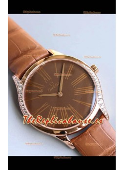 Omega De Ville Tresor Edition Cuarzo Suizo Watch 36MM Caja Oro Rosado Dial Marrón