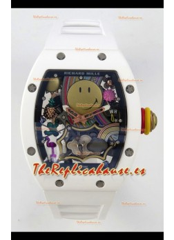 Richard Mille Super Clone RM088 Smiley Tourbillon Cerámica Blanca Reloj Correa de Goma