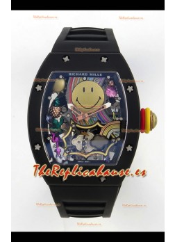 Richard Mille Super Clone RM088 Smiley Tourbillon Cerámica Negra Reloj Correa de Goma