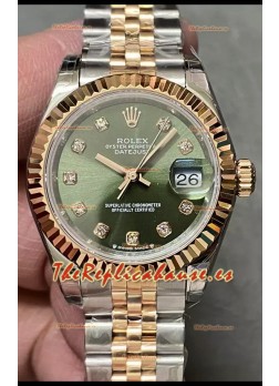 Reloj Rolex Datejust Super Clone Dial Verde Dos Tonos Oro Rosado 28MM