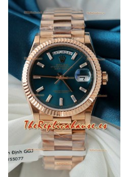 Reloj Rolex Day Date Super Clone Oro Rosado Dial Dorado Azul Numerales Cristal 36MM - Calidad Espejo 1:1