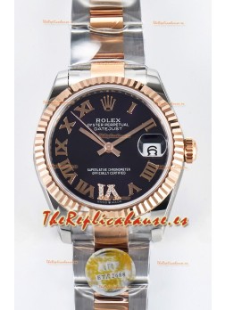 Rolex Super Clone Datejust ETA 2688 Movement 31MM Oro Rosado Dos Tonos Suizo Dial Negro
