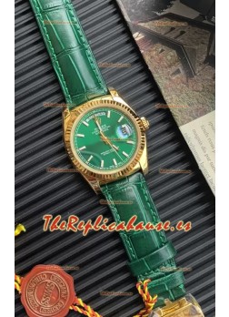 Rolex Day Date Reloj Caja Oro Amarillo en Correa Verde 36MM - Calidad Espejo 1:1
