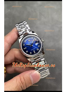 Rolex Day Date Super Clone Acero Inoxidable Dial Azul Reloj Numerales en Diamantes 36MM - 1:1 Calidad Espejo