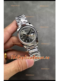 Rolex Day Date Super Clone Acero Inoxidable Dial Gris Reloj Numerales Diamantes 36MM - 1:1 Calidad Espejo