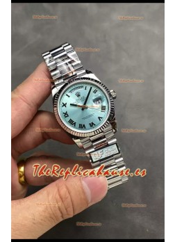Rolex Day Date Super Clone Acero Inoxidable Dial Azul Ice Reloj Numerales Romanos 36MM - 1:1 Calidad Espejo