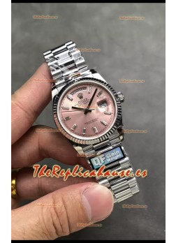 Rolex Day Date Super Clone Acero Inoxidable Dial Rosa Reloj Marcadores Hora en Cristal 36MM - 1:1 Calidad Espejo