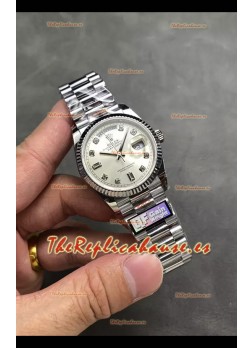 Rolex Day Date Super Clone Acero Inoxidable Dial Plateado Reloj Numerales Diamantes 36MM - 1:1 Calidad Espejo