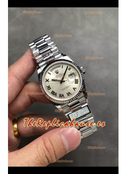 Rolex Day Date Super Clone Acero Inoxidable Dial Plateado Reloj Numerales Romanos 36MM - 1:1 Calidad Espejo