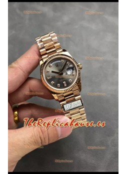 Rolex Day Date Super Clone Rose Gold Dial Gris Reloj Numerales Diamantes 36MM - 1:1 Calidad Espejo