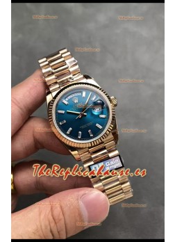 Rolex Day Date Super Clone Dial Oro Rosado  Azul Reloj Marcadores Hora en Cristal 36MM - 1:1 Calidad Espejo
