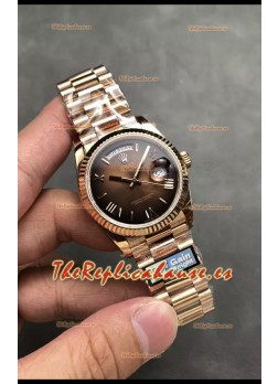 Rolex Day Date Super Clone Dial Oro Rosado  Marrón Reloj Numerales Romanos 36MM - 1:1 Calidad Espejo