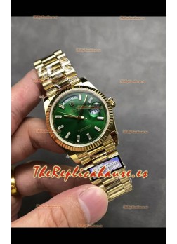 Rolex Day Date Super Clone Dial Oro Amarillo Dial Verde Reloj Marcadores Hora en Cristal 36MM - 1:1 Calidad Espejo