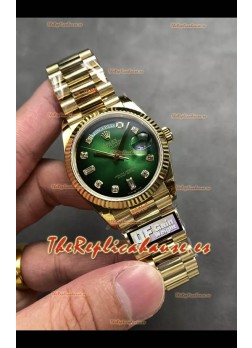 Rolex Day Date Super Clone Dial Oro Amarillo Dial Verde Reloj Numerales Diamantes 36MM - 1:1 Calidad Espejo