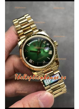 Rolex Day Date Super Clone Dial Oro Amarillo Dial Verde Reloj Numerales Romanos 36MM - 1:1 Calidad Espejo
