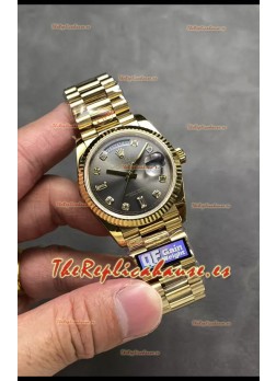 Rolex Day Date Super Clone Oro Amarillo Dial Gris Reloj Numerales Diamantes 36MM - 1:1 Calidad Espejo