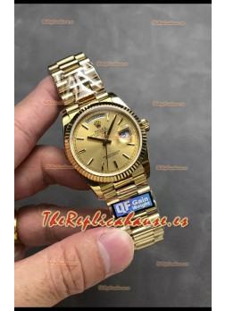 Rolex Day Date Super Clone Caja y Dial Oro Amarillo Reloj Numerales Stick 36MM - 1:1 Calidad Espejo