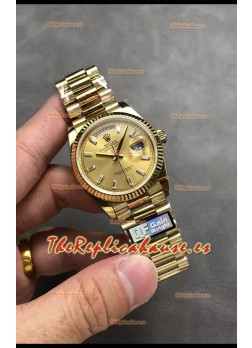 Rolex Day Date Super Clone Caja y Dial Oro Amarillo Reloj Marcadores Hora en Cristal 36MM - 1:1 Calidad Espejo