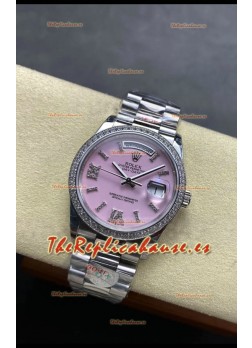 Rolex Day Date Super Clone Acero Inoxidable Dial Rosa Reloj Numerales Diamantes 36MM - 1:1 Calidad Espejo