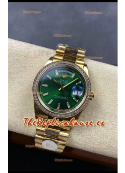 Rolex Day Date Super Clone Dial Oro Amarillo Dial Verde Reloj Marcadores Hora en Cristal 36MM - 1:1 Calidad Espejo