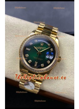 Rolex Day Date Super Clone Dial Oro Amarillo Dial Verde Reloj Numerales Diamantes 36MM - 1:1 Calidad Espejo