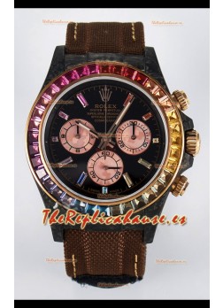 Rolex Daytona Super Clone DiW Carbon Edition Rainbow Bezel - Caja Carbono Forjado Correa Khaki Réplica Espejo 1:1
