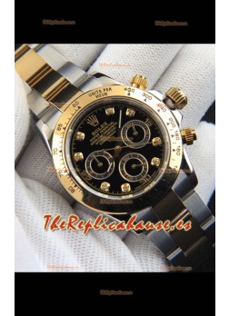 Rolex Daytona Movimiento Japonés Dos Tonos Caja de Oro Reloj en Dial Negro 