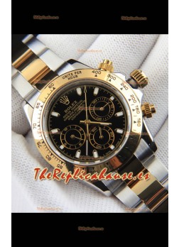 Rolex Daytona Movimiento Japonés Dos Tonos Caja de Oro Reloj en Dial Negro 
