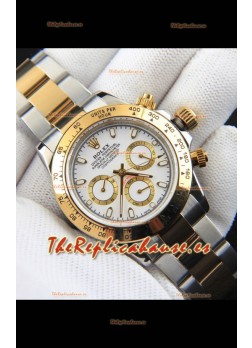 Rolex Daytona Movimiento Japonés Dos Tonos Caja de Oro Reloj en Dial Blanco 