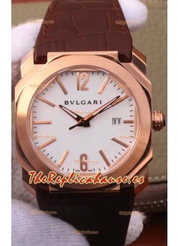 Bvlgari Octo Edición Roma Edition Reloj Réplica a Espejo 1:1 en Oro Rosado - Dial Blanco