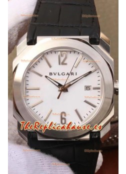 Bvlgari Edición Octo Roma Reloj Réplica a espejo 1:1 Caja en Acero 904L - Dial Blanco Correa de Piel