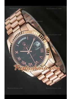 Rolex DayDate Reproducción Reloj Suizo en Oro Rosa y Esfera de color Negro